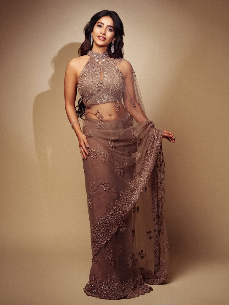 Nabha Natesh wearing a glamorous silver designer lehenga with intricate embroidery, posing elegantly during the Gadar Awards 2026 photoshoot.