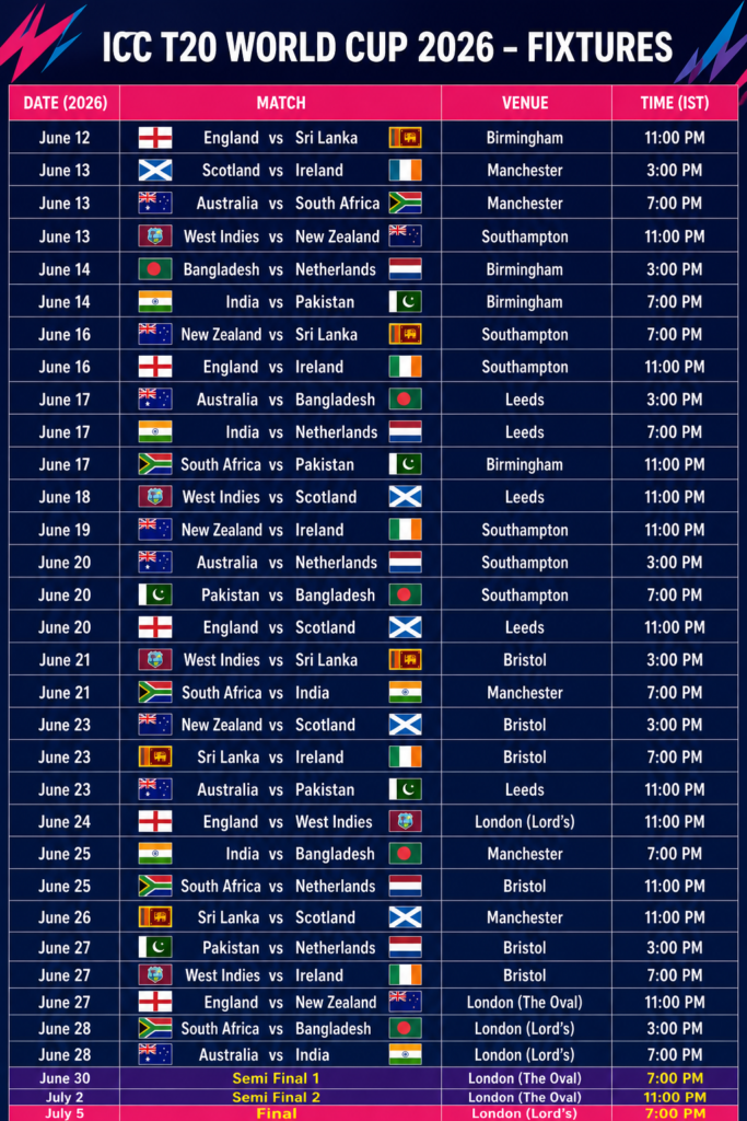 ICC Women's T20 World Cup 2026 full match schedule with dates and venues in England and Wales